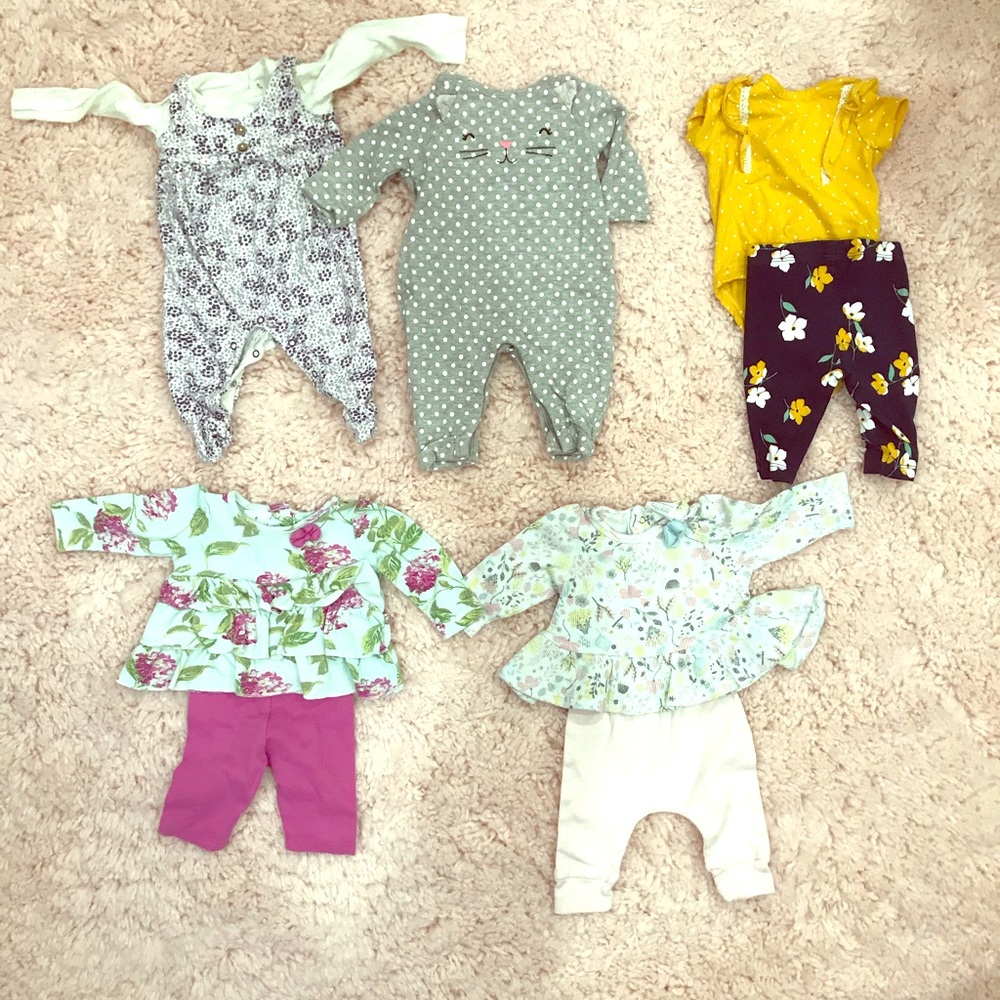 5 outfits; Laura Ashley, GAP, Carter’s Burts Bees